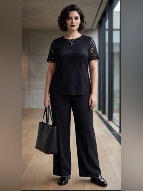 Teddi rose Black Floral Lace velvet Short-Sleeve Blouse XXL eyelet office